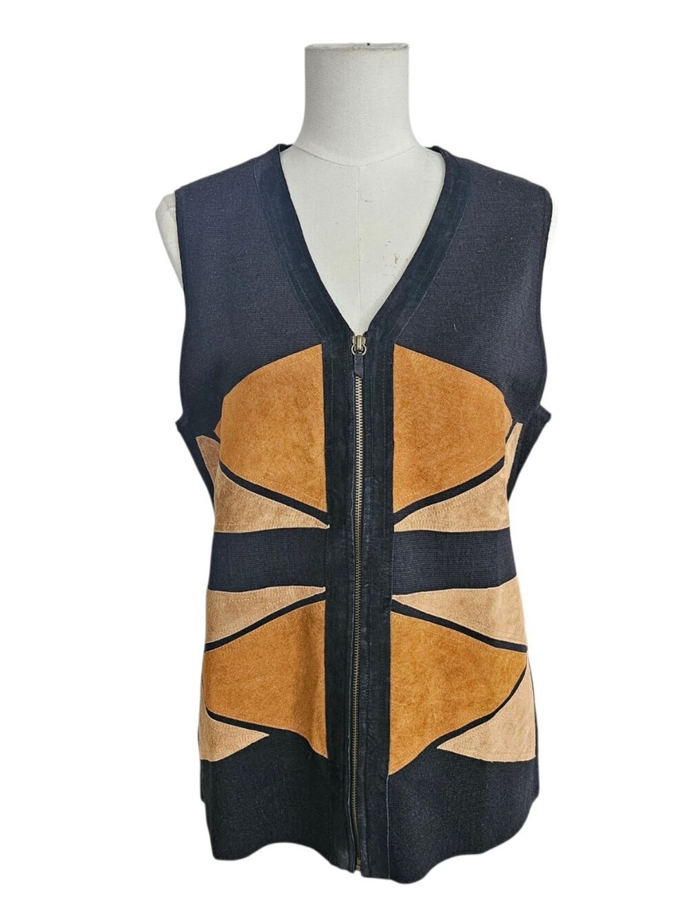 Vintage Kial Suede Panel Black and Tan Zip-Front Vest L